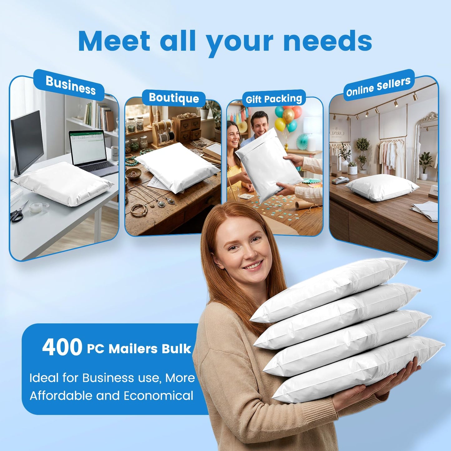 Metronic Poly Mailers 14.5x19 Inch 400pcs Shipping Bags for Clothes,Self Adhesive Shipping Envelopes for Small Business,Waterproof Mailers Poly Bags for Shipping,Packaging Mailing Bags White