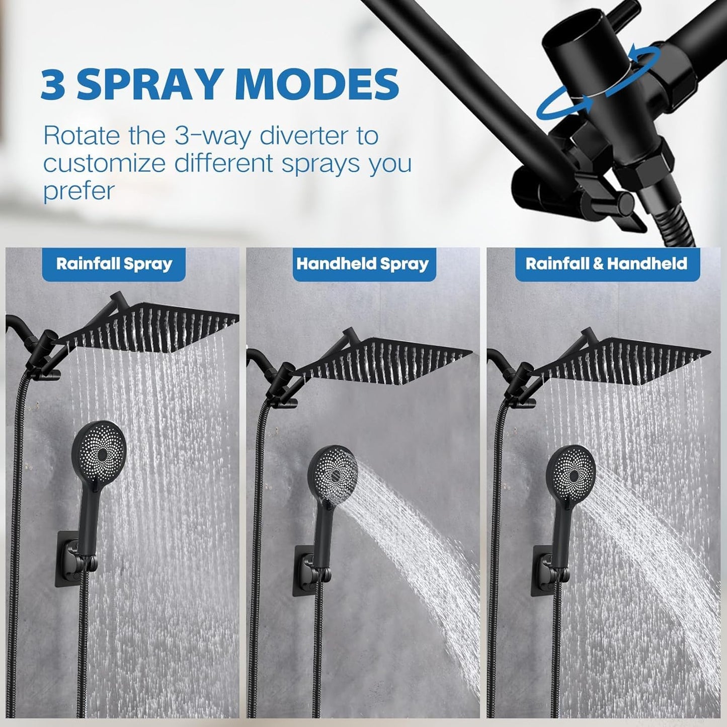 Shower Head,12”Rain Shower Head with Handheld Spray Combo with 11'' Angle Adjustable Extension Arm/Flow Regulator/Shower System,High Pressure Rainfall Shower Head Clean Bathroom,Matt Black