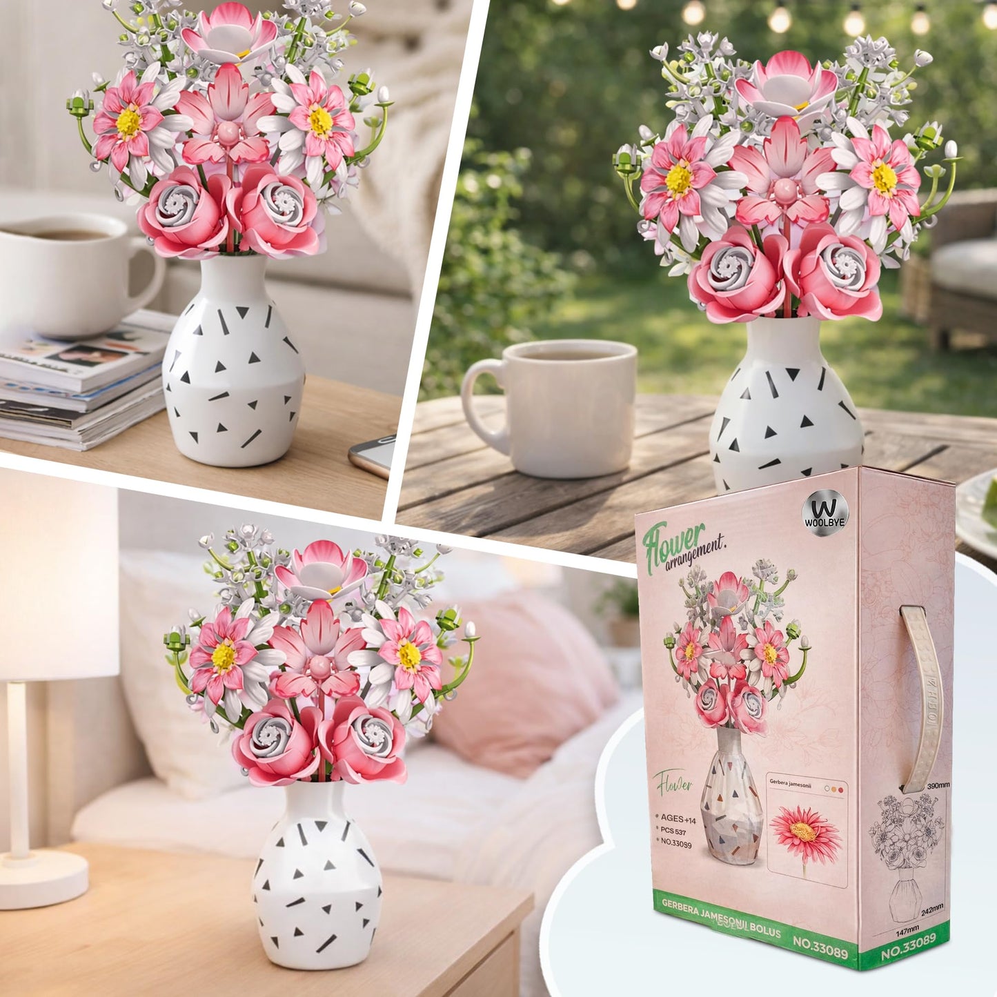 Woolbye Flower Building Set, Flower Gerbera Jamesonii Bolus Bouquet botanicals Collection Unique Home Décor or Office Décor Great Gift for Her and Him (VASE Included)