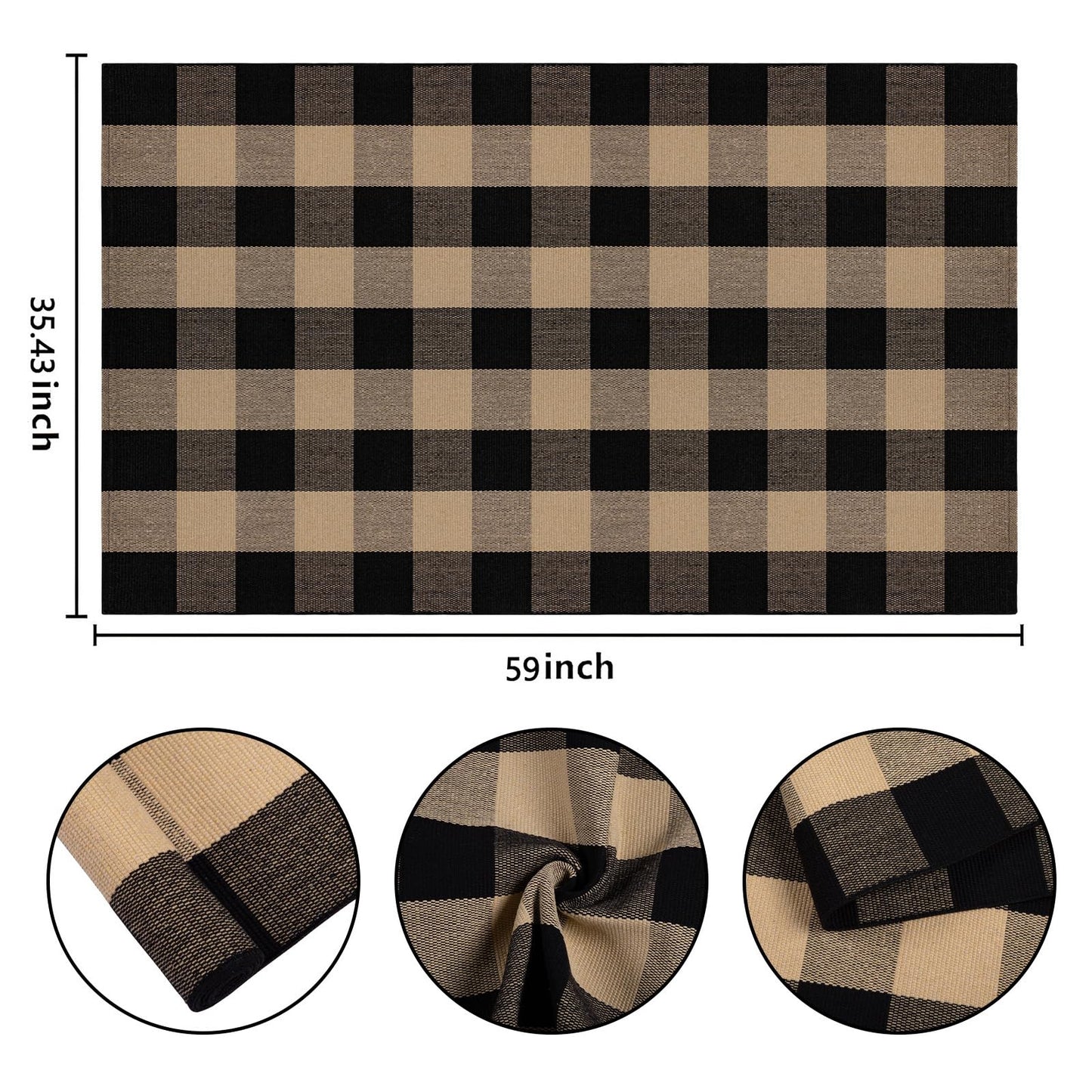 Washable Outdoor Rug 3'x5',Black and Tan Checkered Rug Cotton Woven Washable Farmhouse Front Door Mat Outdoor for Entryway,Patio,Bedroom,Hello Welcome Mat