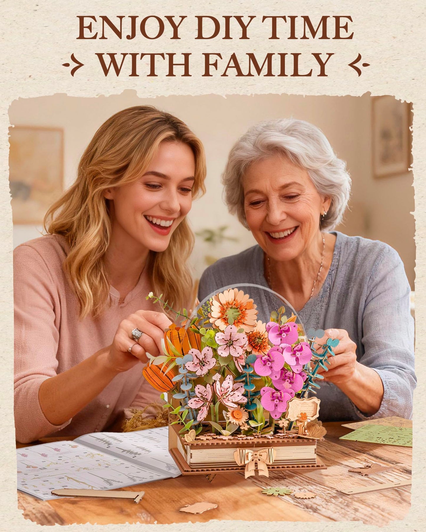 Wowood 3D Wooden Flower Puzzles for Adults-Wooden Bloom Book, DIY Crafts Model Kits Building Set, Botanical Decor Creative Gift for Women (552PCS)