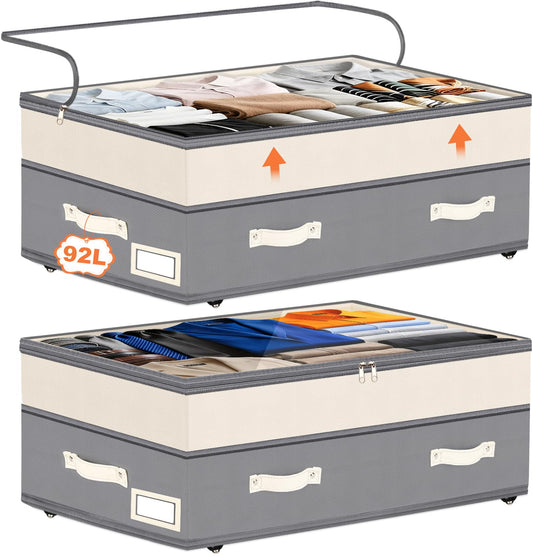 Dolicer 2 Pack Under Bed Storage with Wheels, 6in-10in Height Adjustable Underbed Storage Containers, 92L XXXL Under Bed Drawers Rolling Bin with Clear Lids for Dorm Shoes Clothes Organizers(Grey)