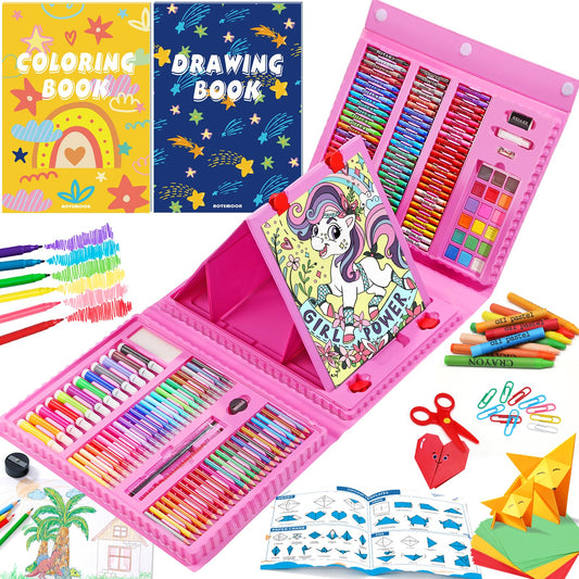 All in One Art Supplies, Art Kit Includes Origami & Paper-Cutting Crafts, Easel, Colored Pencils, Crayons, Drawing Book, Coloring Book, Watercolor Markers and More, Art Set for Kids Girls Boys, Pink