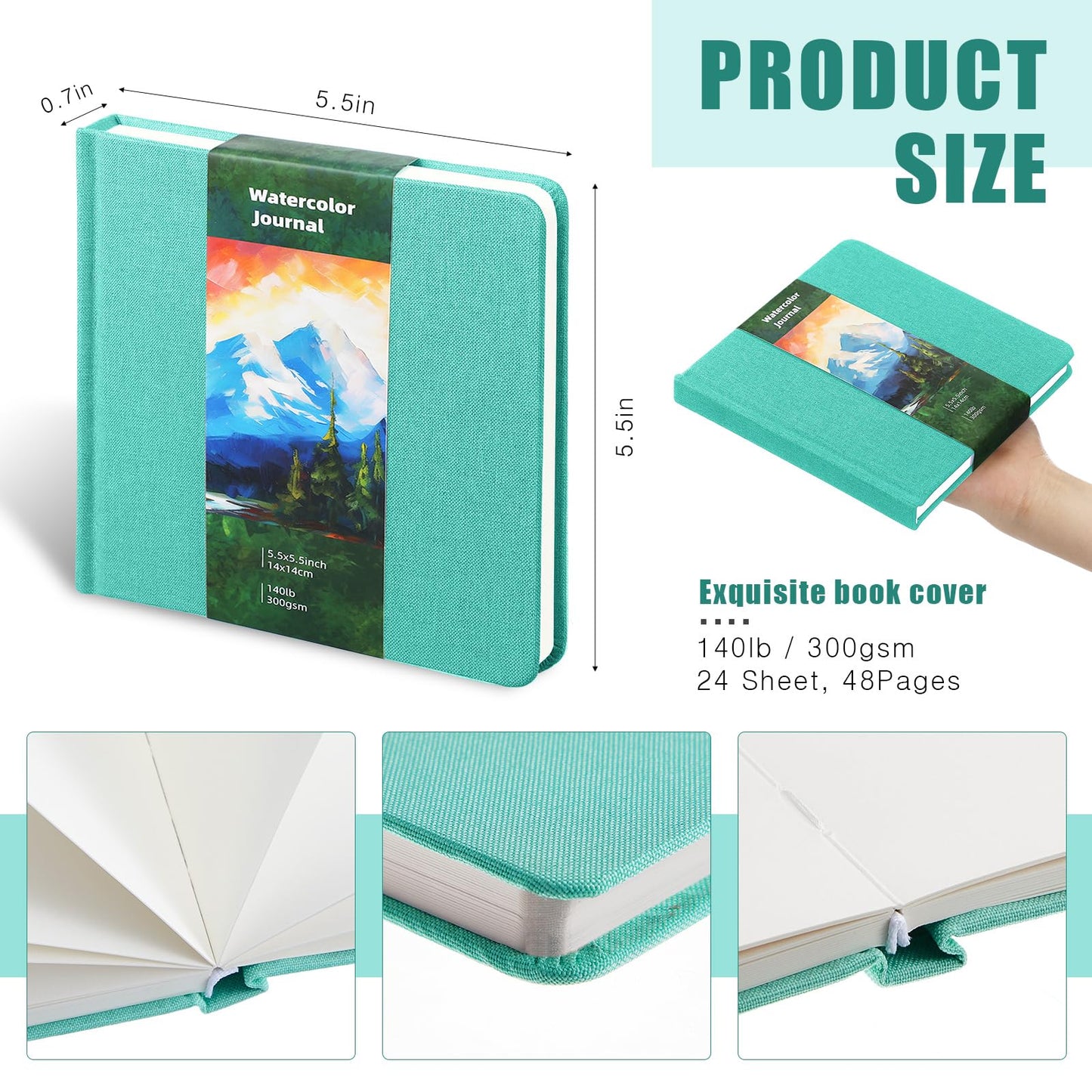 Dispowreath 4 Pcs 5.5 x 5.5 in Watercolor Sketchbook Journal Square Watercolor Notebook Cold Press 140lb 300gsm Cotton Paper 48 Pages Journals Notebook Paper Pads(Turquoise)