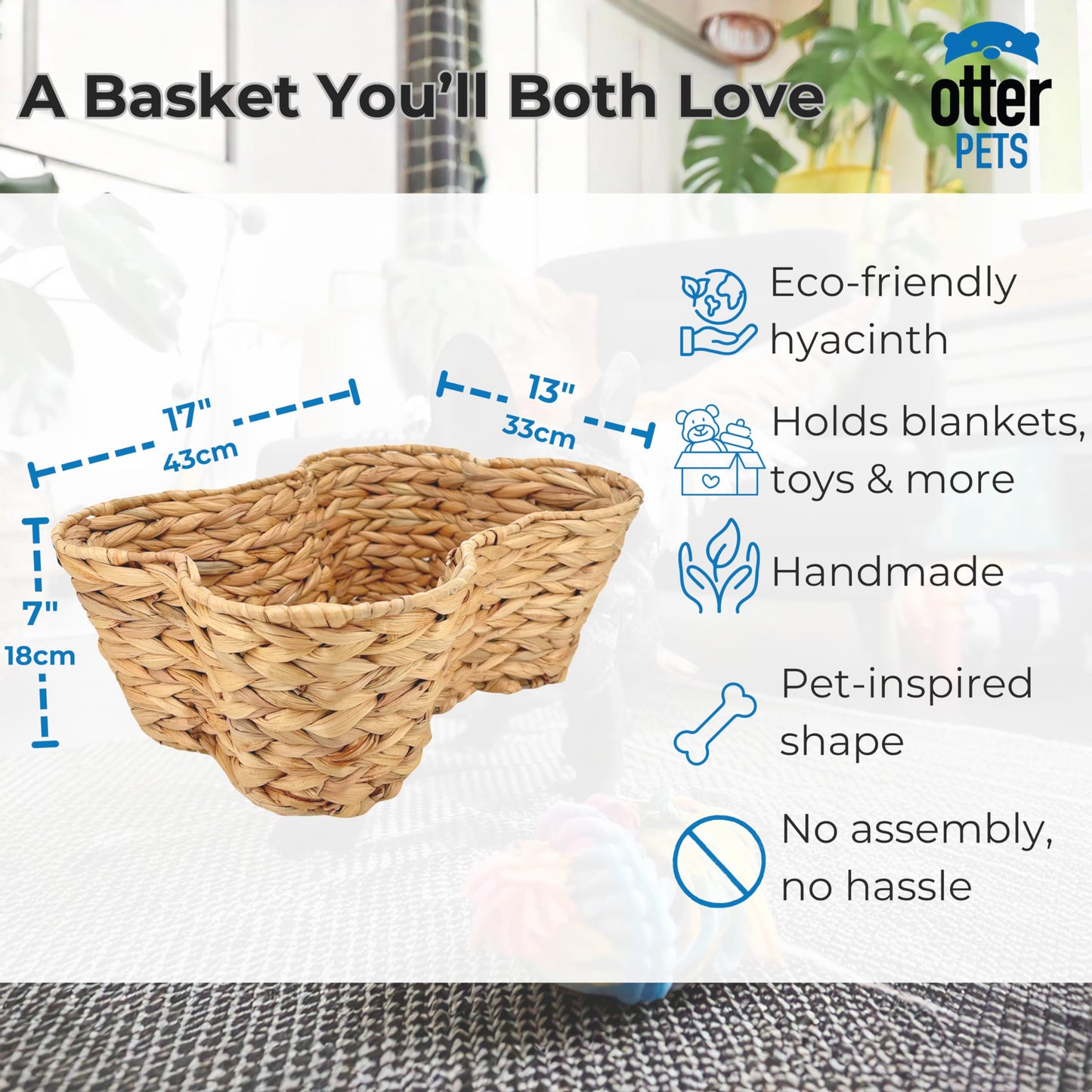 OtterPets Dog Toy Basket, Hyacinth Cat & Dog Bone Shaped Basket, Wicker Pet Toy Bin Organizer, Dog Toy Storage (17x13 Hyacinth)