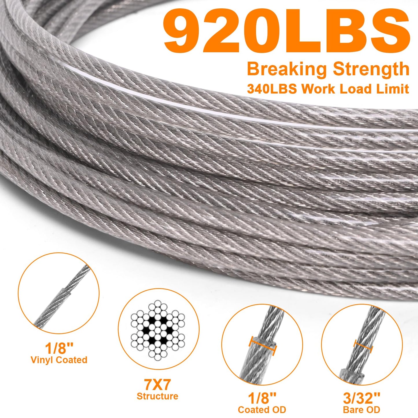 300FT 1/8" Wire Rope Kit, Vinyl Coated 304 Stainless Steel Wire Cable, 7x7 Strands 920LBS Breaking Strength, M5 Turnbuckle, String Light Hanging Kit for Outdoor, Garden, Clothesline