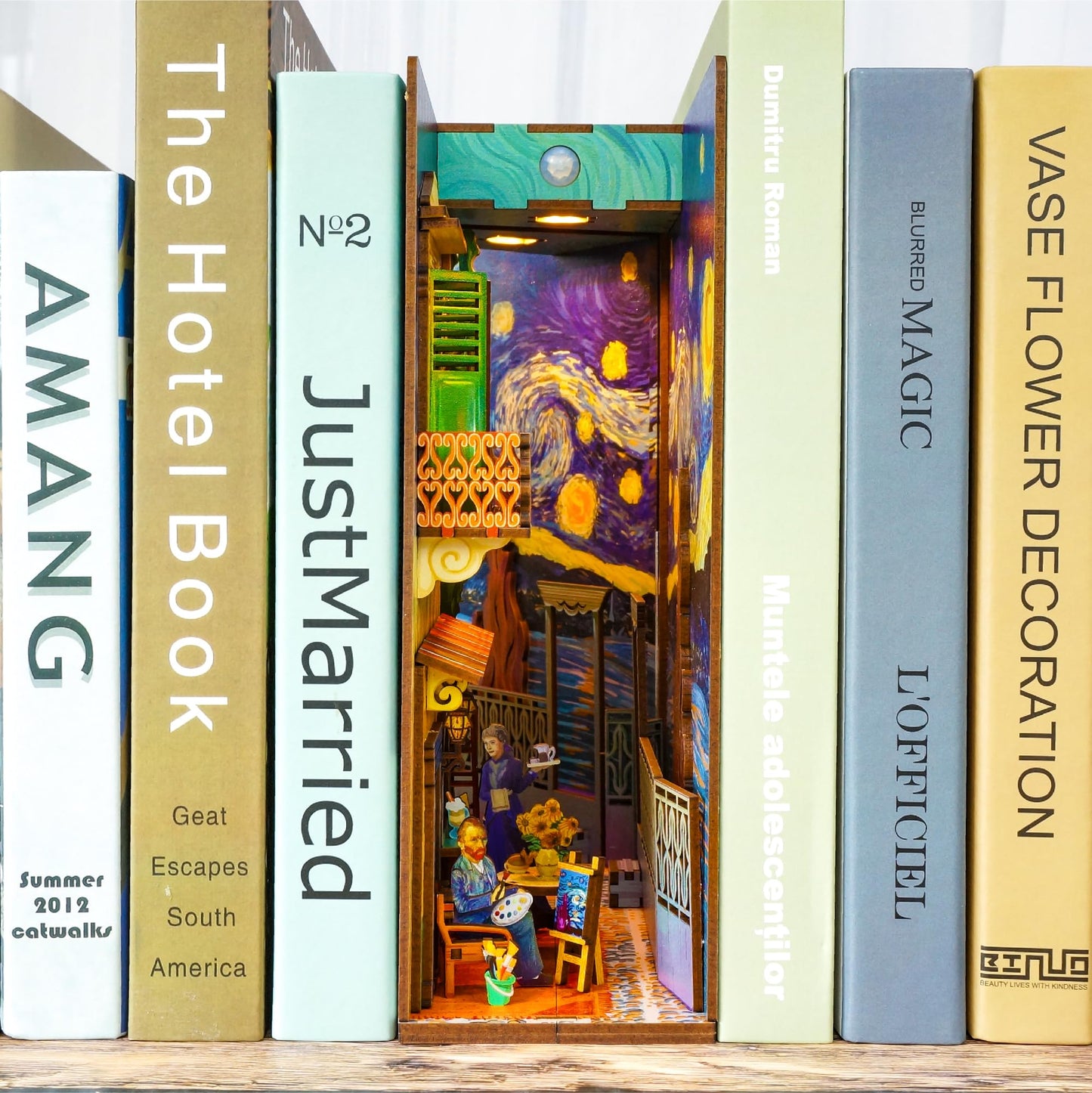Tonecheer DIY Book Nook Kit for Adults, Booknook Wooden 3D Puzzle Bookend Miniature House Kit, Fantasy Artist Bookshelf Decor with Sensor LED Light Gifts for Birthday (Vincent's World)