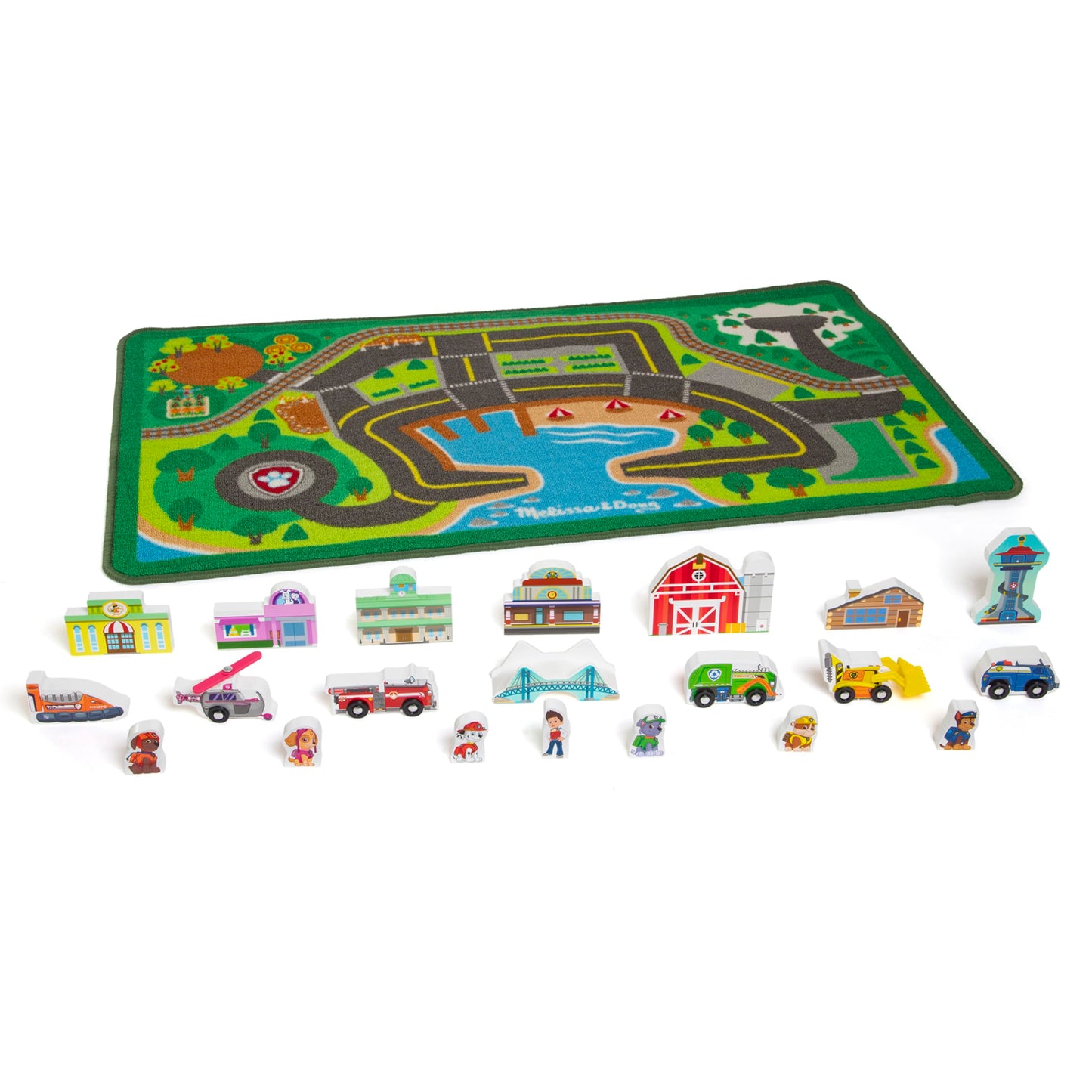 Melissa & Doug PAW Patrol Activity Rug - Adventure Bay (22 Pieces) PAW Patrol Town Mat with Wooden Toys for Ages 3+