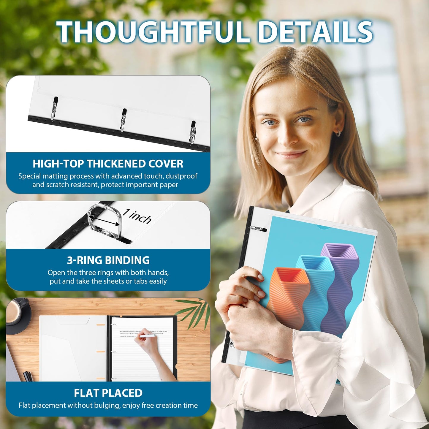 WOT I Telescoping 3 Ring Binder 1 Inch 12PCS, Flexible Binder with Expandable Spine+Customized Front Cover+Clear Catalog Pocket, 1 Inch Rings Holds 225 Sheets, School Office Binder Supplies, White