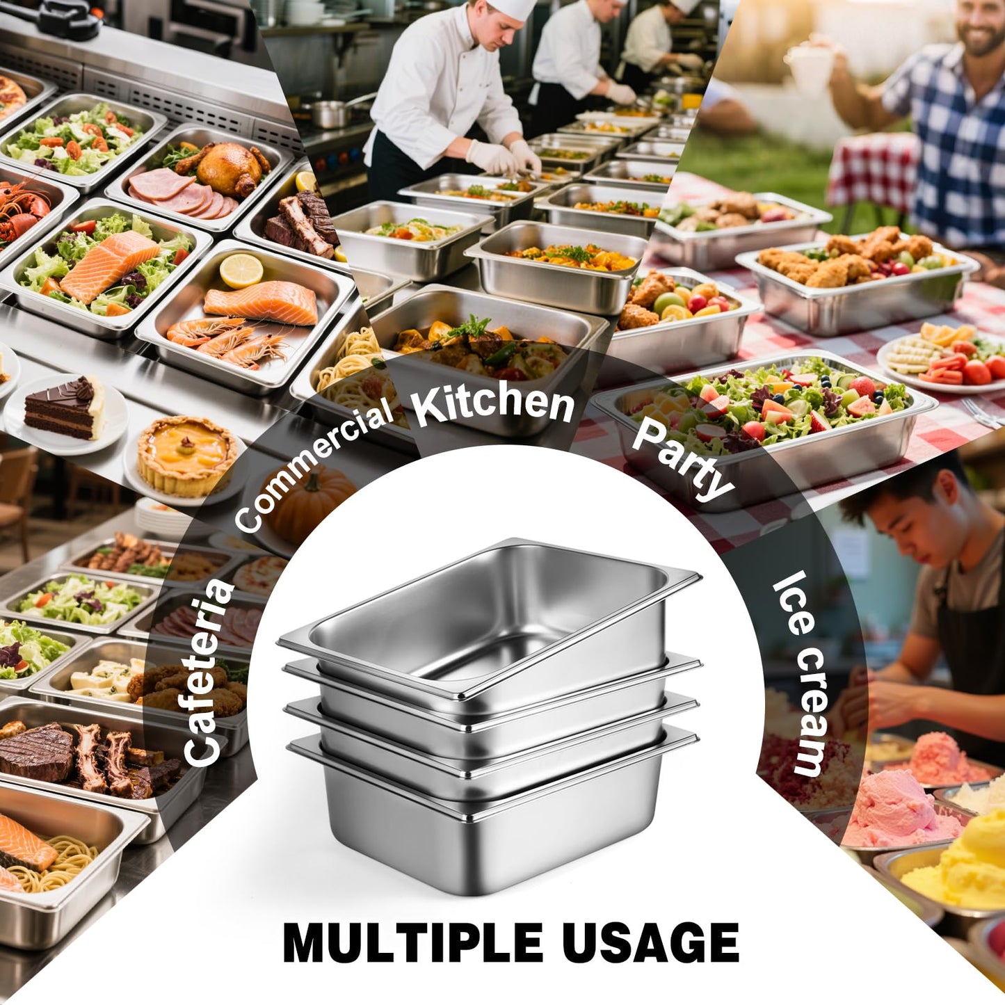 West Bay 4 Pack 1/2 Half Size Hotel Pan, 4'' Deep Steam Table Pan with Lid, 12.8''L x 10.4''W Stainless Steel Pans for Home, Party, Hotel, Buffet