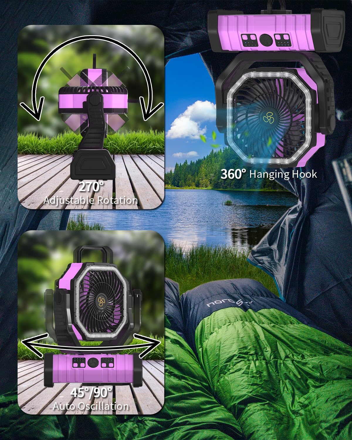 ADUST Camping Battery Operated Powered Fan with LED Lantern Light Portable 20000mAh Rechargeable Oscillating Fan with 360° Rotation Hanging Hook for Tents, Cordless USB Desk Fan(Pink)
