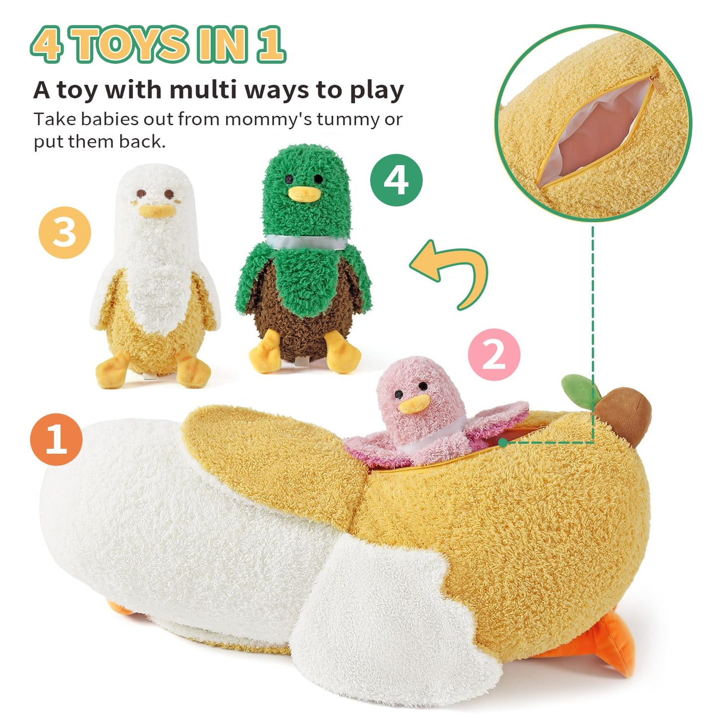 PEACH CAT Banana Duck Plush 1 Mommy 19.7" Banana Duck Stuffed Animal with 3 Cute Babies Inside, 4 Pieces Plushies Toy Set Gifts for Girls and Boys