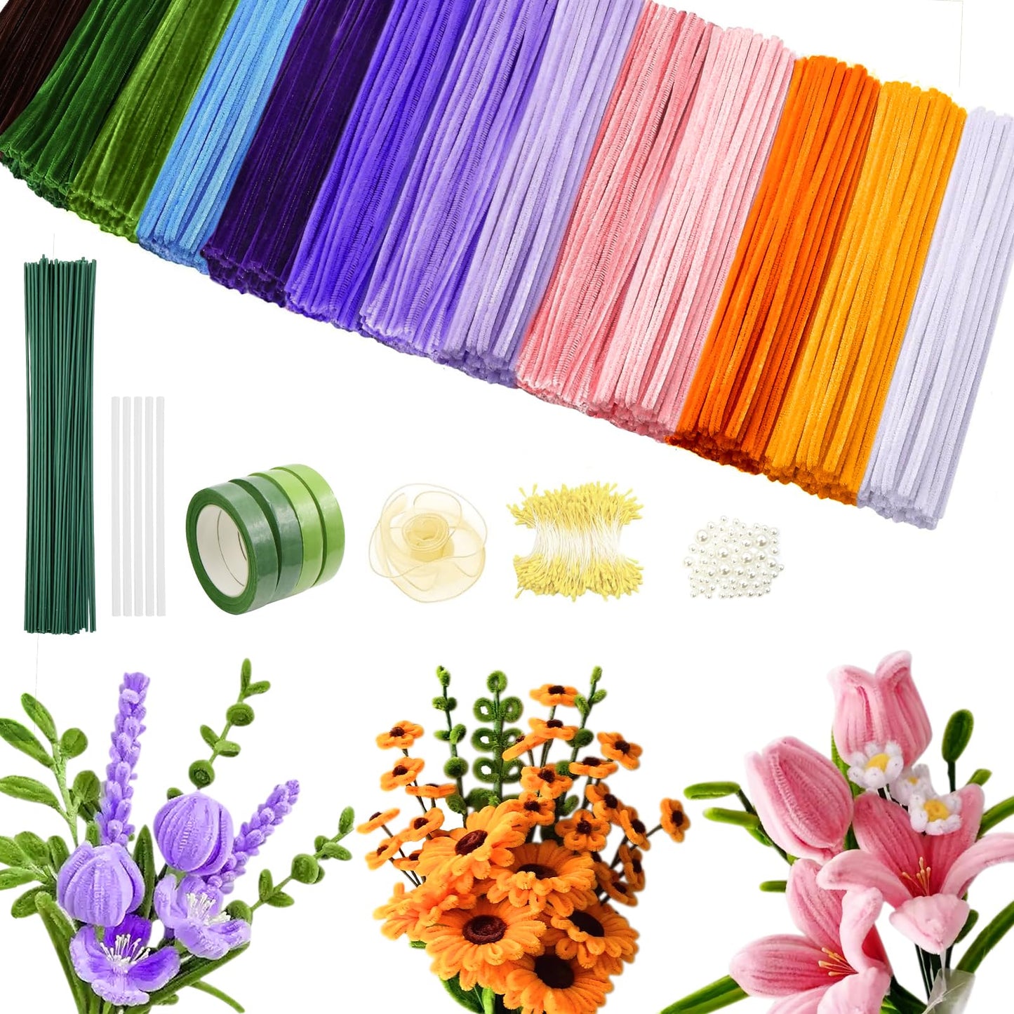 800 PCS Pipe Cleaners Craft, 13 Colors Chenille Stems, Pipe Cleaners Flowers Kit, Art and Craft Supplies