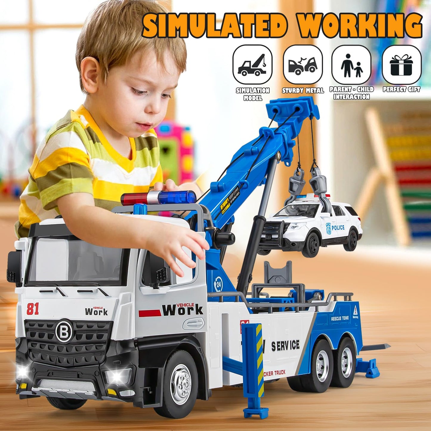 HAPYAD Tow Truck Toy for Kids, Metal Tow Truck with Crane Toy Model with Lights and Sounds, Construction Vehicles for 3 4 5 6 7 8 Years Old Boys