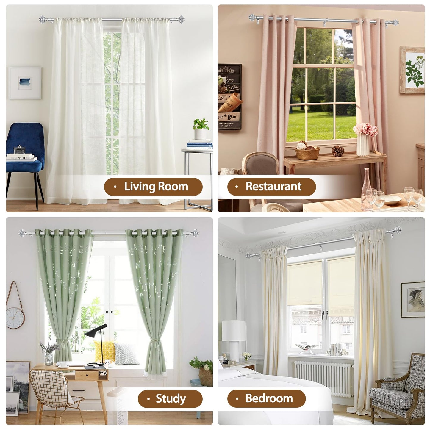 USFOOK 2 Pack Silver Curtain Rods for Windows 48 to 84 Inch, 7/8 inch Telescoping Splicing Drapery Rods 32 to 86 Inch, Decoration for Home with Decorative Translucent Finials