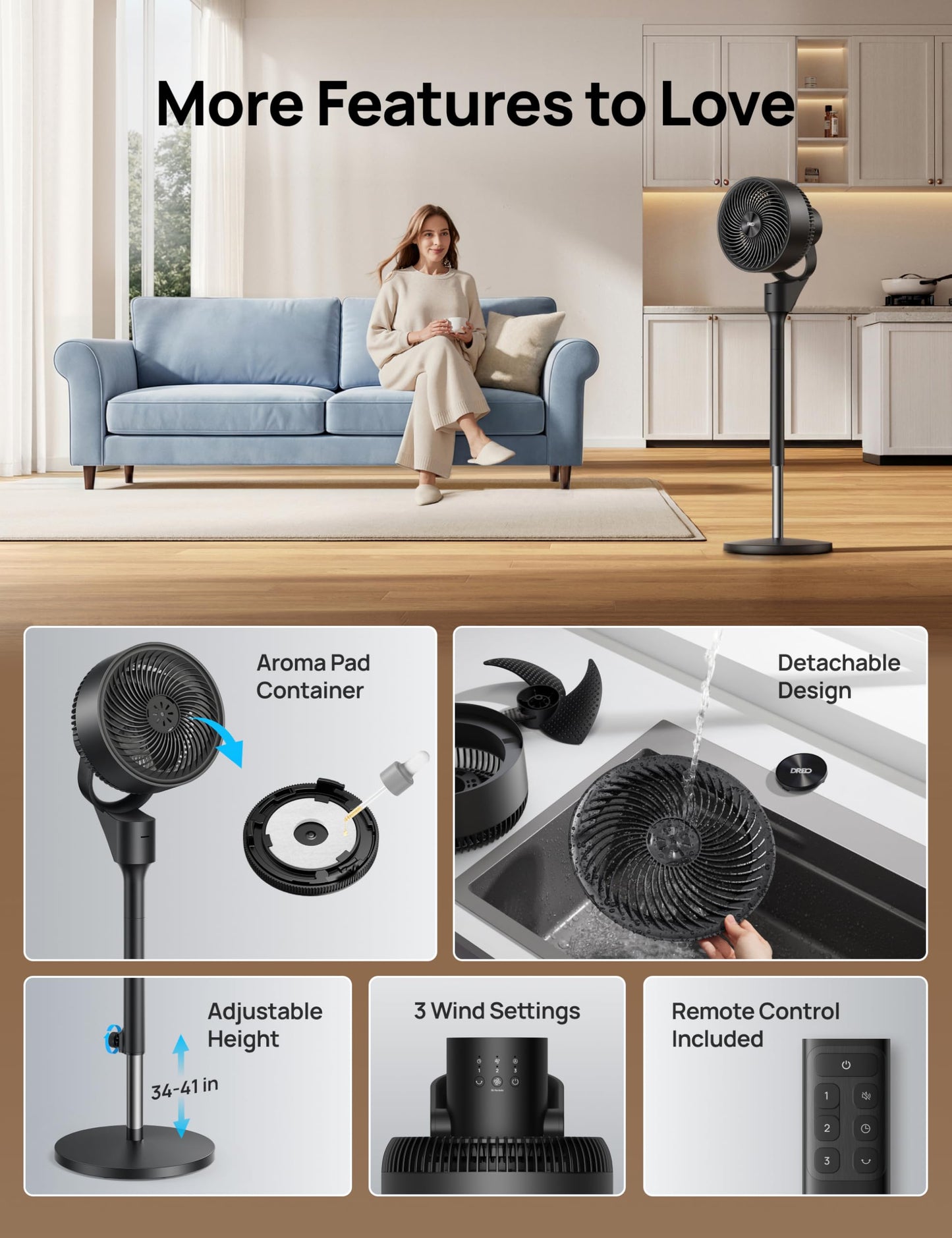 DREO Fan for Bedroom, 80° Oscillating Standing Fan, 20dB Quiet, 80ft Pedestal Fans for Home Office, 90° Manual Vertical, 3 Speeds, Remote, 34-41" Adjustable Height, Air Circulator