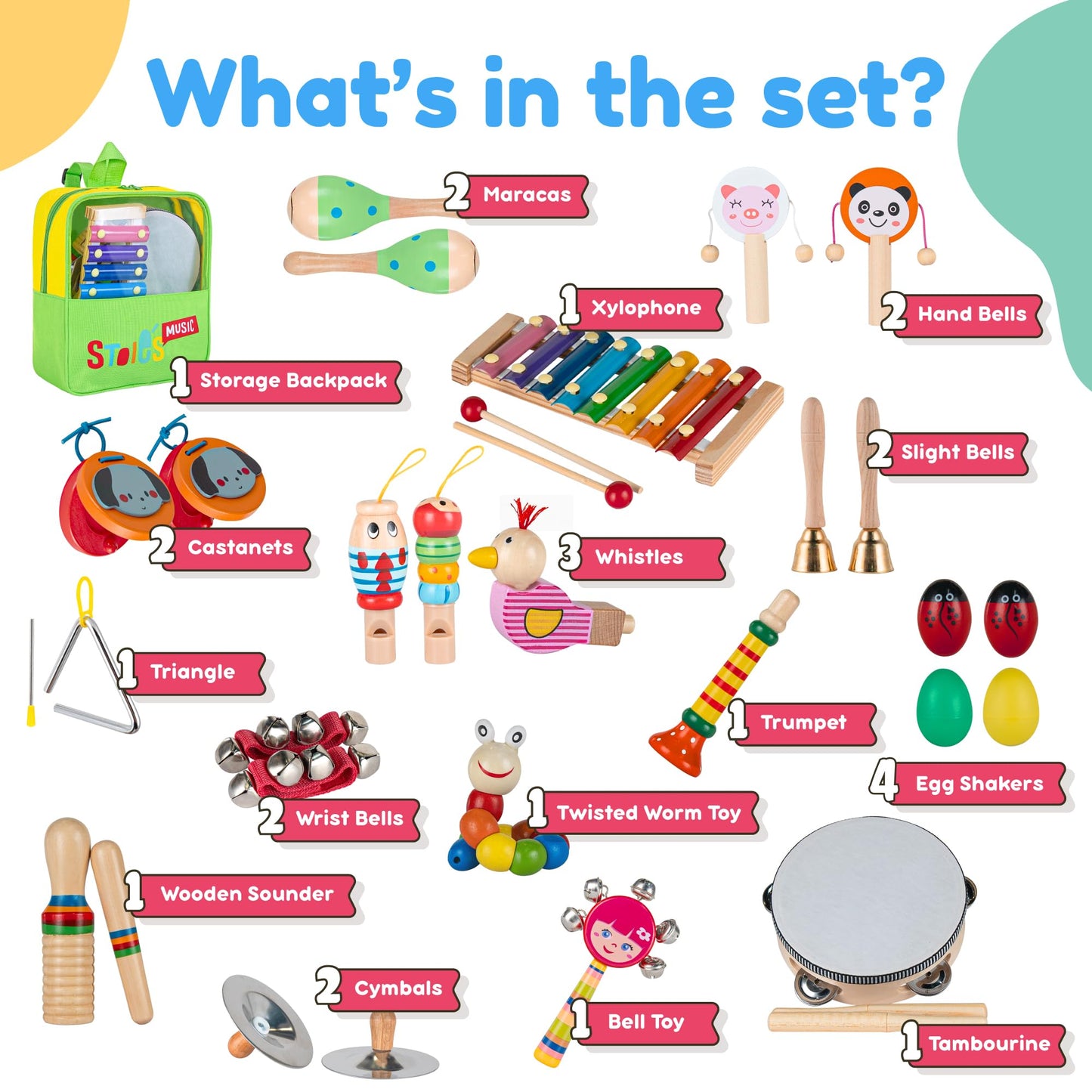 Stoie's 34 PCS Kids Musical Instruments for Babies and Toddlers, Montessori Educational Music Toy with Xylophone, Tambourine, Hand Bell, Triangle, Maracas, Durable, Storage Bag, Unisex