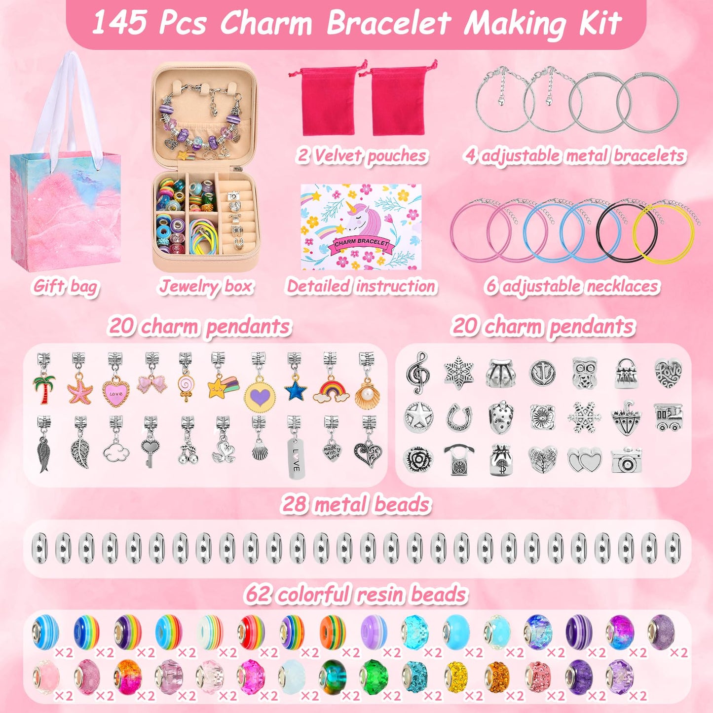 Charm Bracelet Making Kit, 140 PCS DIY Craft Bead Sets Jewelry Making Kit, Portable Bracelet Organizer Gift Box for Birthday Christmas Stocking Gift