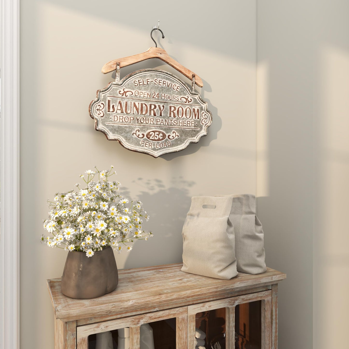 Deco 79 Metal Sign Home Wall Decor Laundry Room Wall Sculpture with Brown Wood Hanger, Wall Art 22" x 1" x 22", Gray