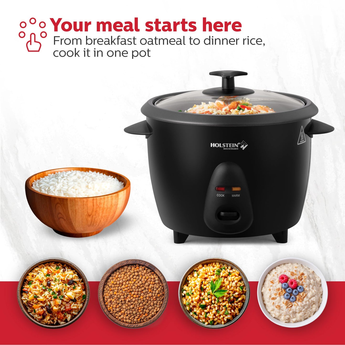 Holstein Housewares 16-Cup Cooked (8-Cup Uncooked) Rice Cooker, Black – One-Touch Operation with Cook & Keep Warm Functions, Perfect for Rice, Quinoa, Oatmeal, Stews & Grains