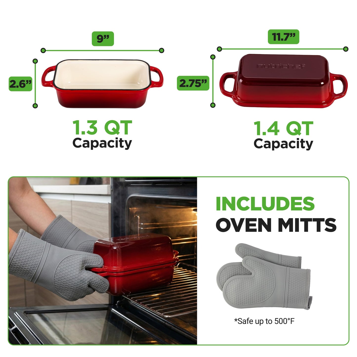 NutriChef 9x5" Enameled Cast Iron Loaf Pan with Lid, Enamel-Coated Baking Loaf Pan for Sourdough, Oven Safe, Nonstick Bread Pan with Silicon Gloves, Dishwasher Safe, Red
