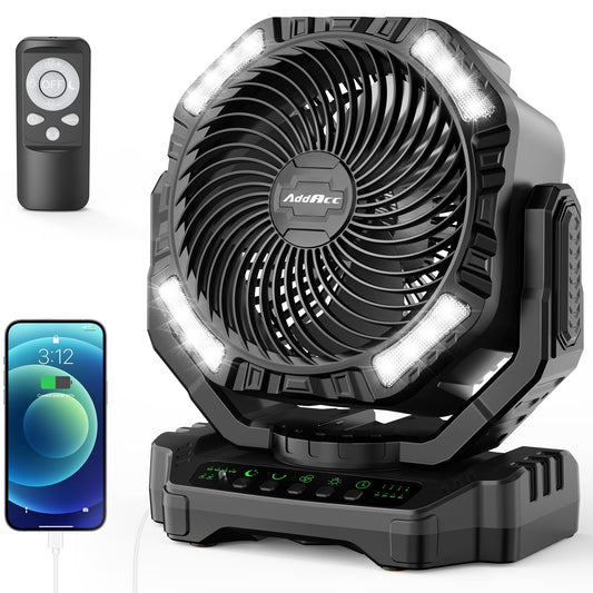 40000mAh Battery Powered Camping Fan, 136Hrs Cooling, Rechargeable Fan High Velocity, Auto 45°/90° Oscillation, Remote & Timer Battery Operated Fan for Car Travel RV Garage Patio Hurricane Emergency