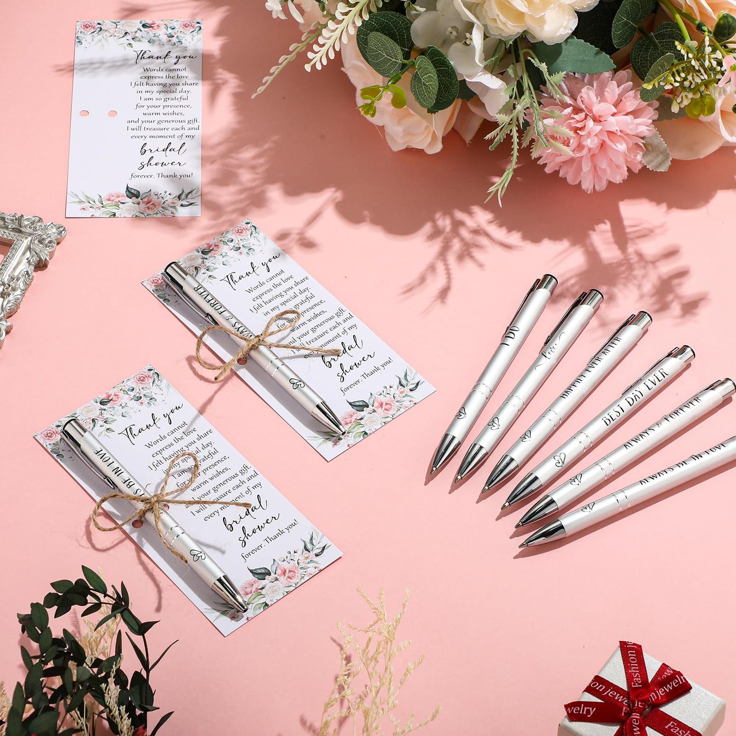 Chiisong 50 Sets Bridal Shower Favors for Guests Wedding Pens Bulk with Thank You Cards Bridal Shower Retractable Ballpoint Pen for Guest Gifts Game Prizes Wedding Souvenirs (Floral)