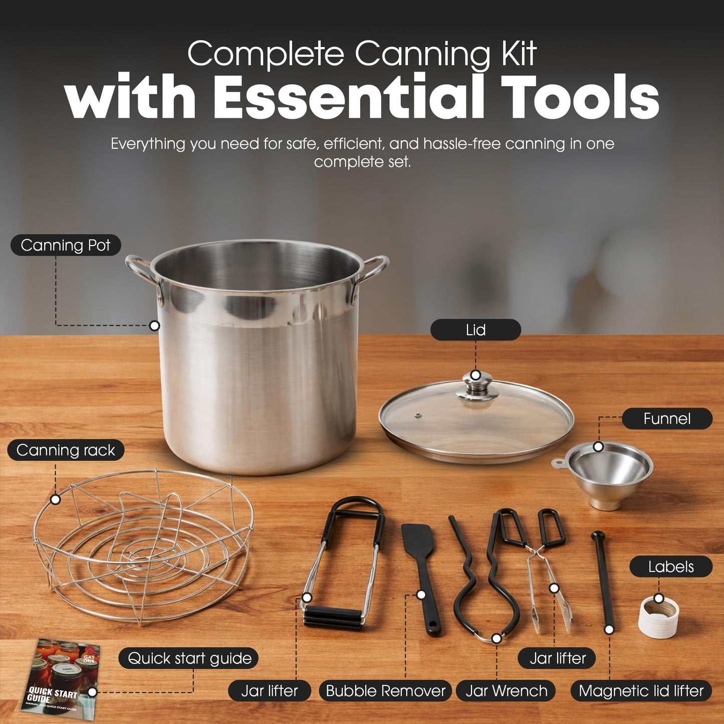 GasOne Canning Pot with Canning Supplies, Lid, Funnel, Jar Tongs, Magnetic Lid Lifter, Bottle Opener – Stainless Steel Canner with Riveted Handles, Induction Ready Tri-Ply Bottom