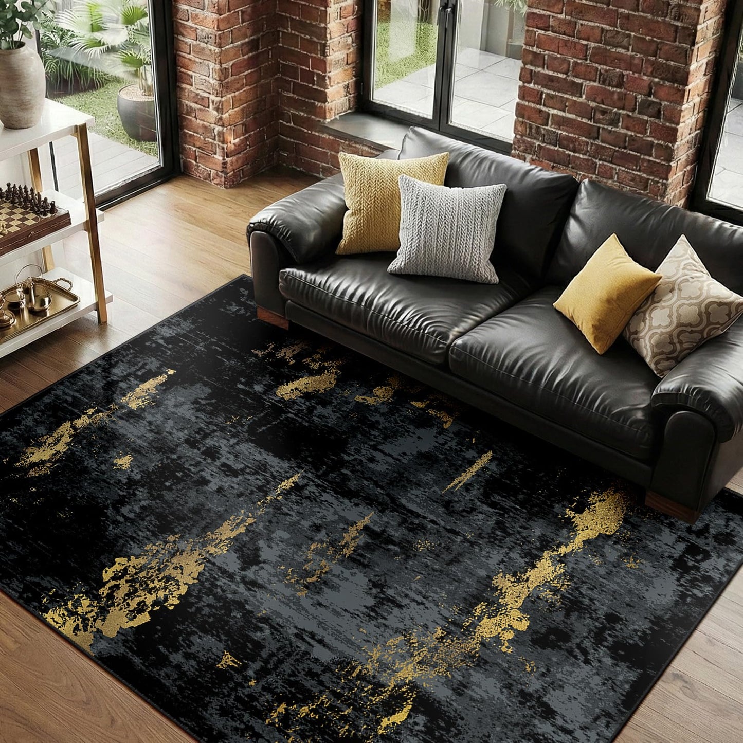 RELEANY Washable Area Rugs 5'x7' Non-Slip Modern Abstract Soft for Living Room Entryway Bedroom Kitchen, Print Pattern, Dark Black Gold