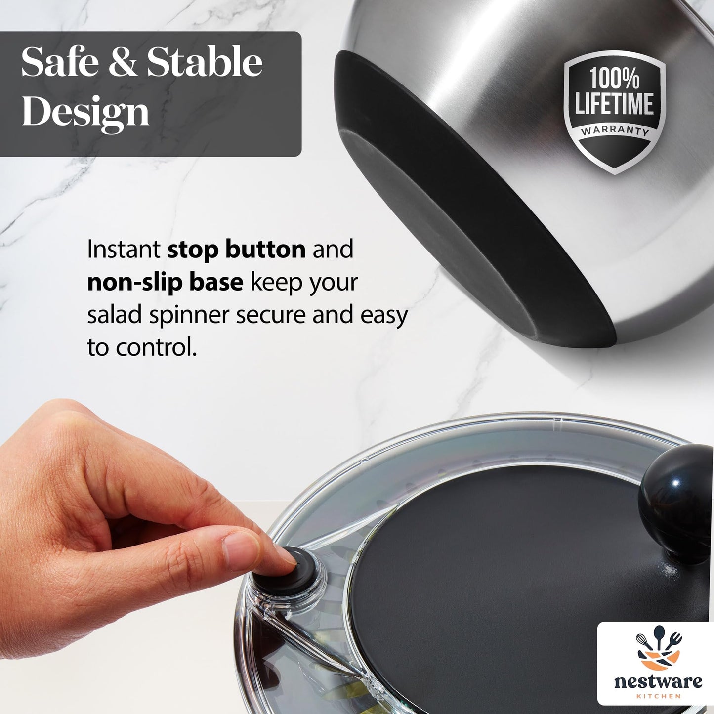 Nestware Kitchen Stainless Steel Salad Spinner Large, 5.3 Qt - Lettuce, Vegetable & Fruit Washer & Dryer with Quick-Stop Brake Button, Colander Basket & Non-Slip Base (304 Stainless Steel - Black)
