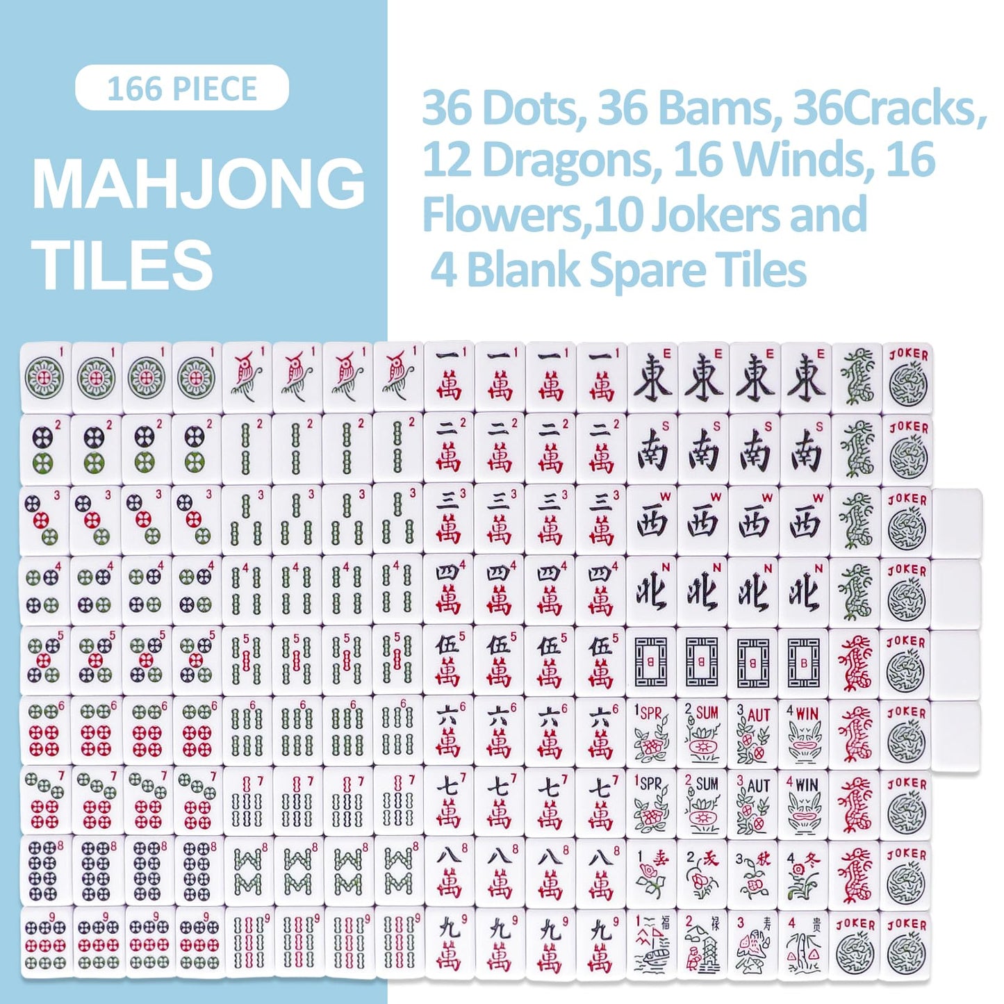 American Mahjong Tile Set with 166 Blue Back Tiles (1.2”, Tiles Only)
