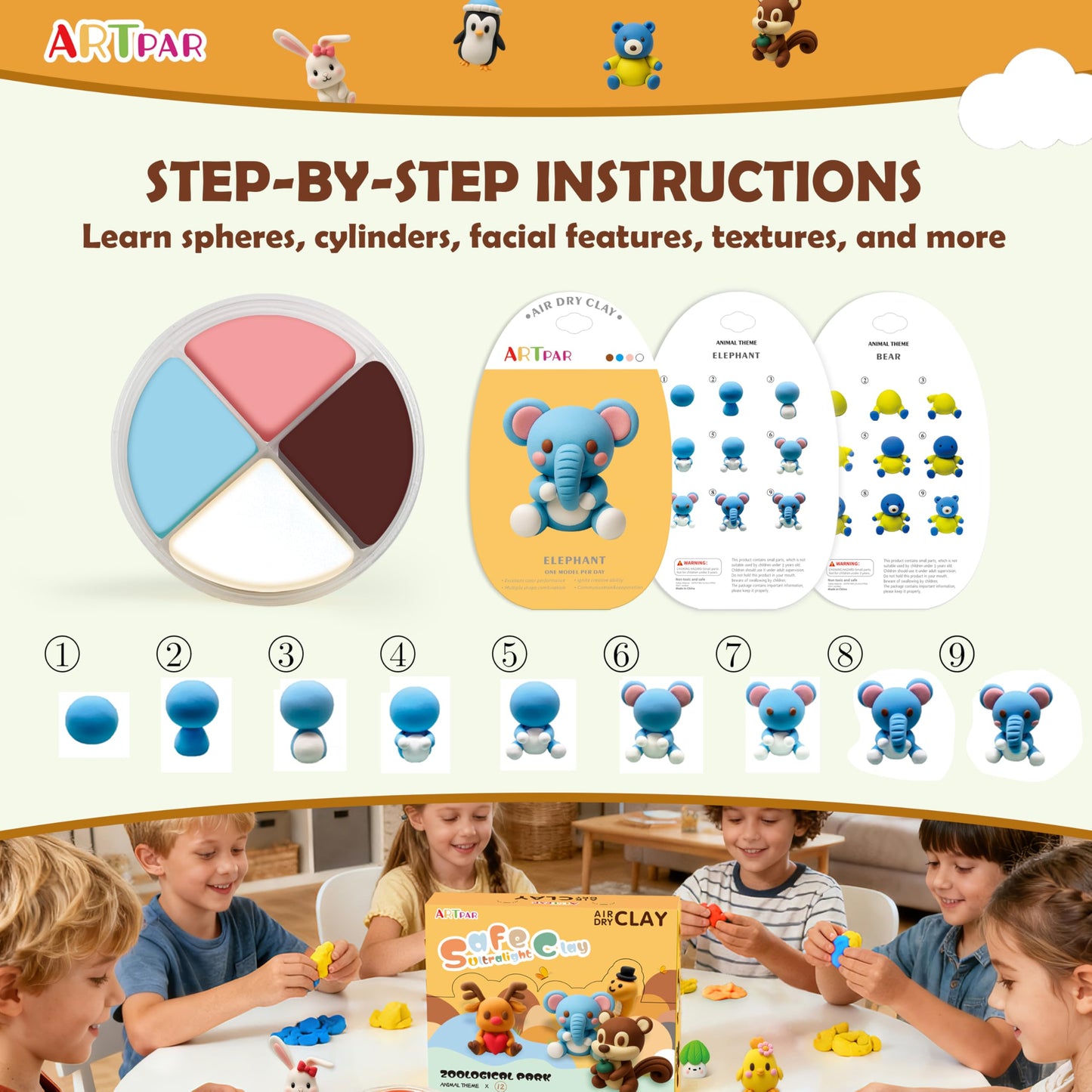ARTPAR Air Dry Clay Kits for Kids-Modeling Magic Clay,12 Animals DIY Molding Clay Art Crafts Set,Ultra Light & Soft, Safe & Non-Toxic with Sculpting Tools & Tutorials, Unique Gifts for Boys & Girls