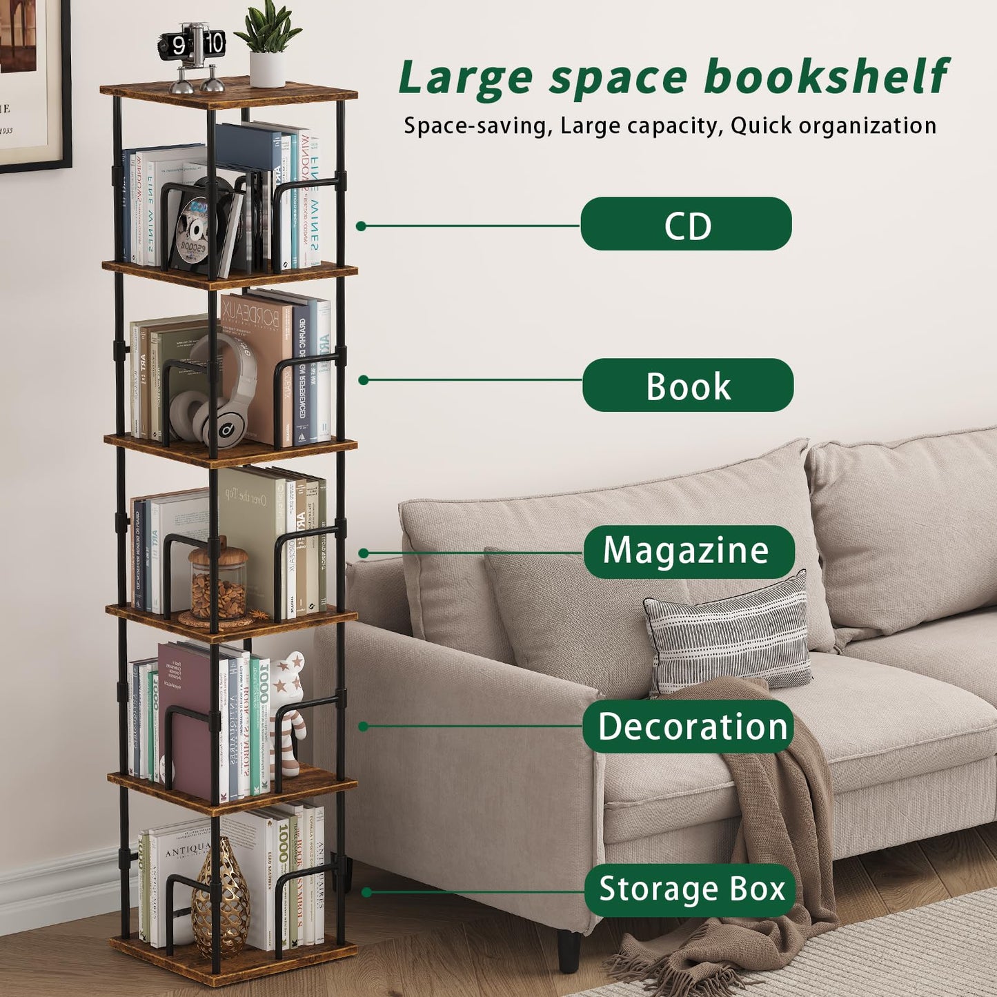 swlongbooks 5-Tier Rotating Bookshelf, Freestanding Corner Bookshelf, 360° Spinning Bookcase Industrial Style Storage Rack with Rails, for Living Room, Bedroom, Study