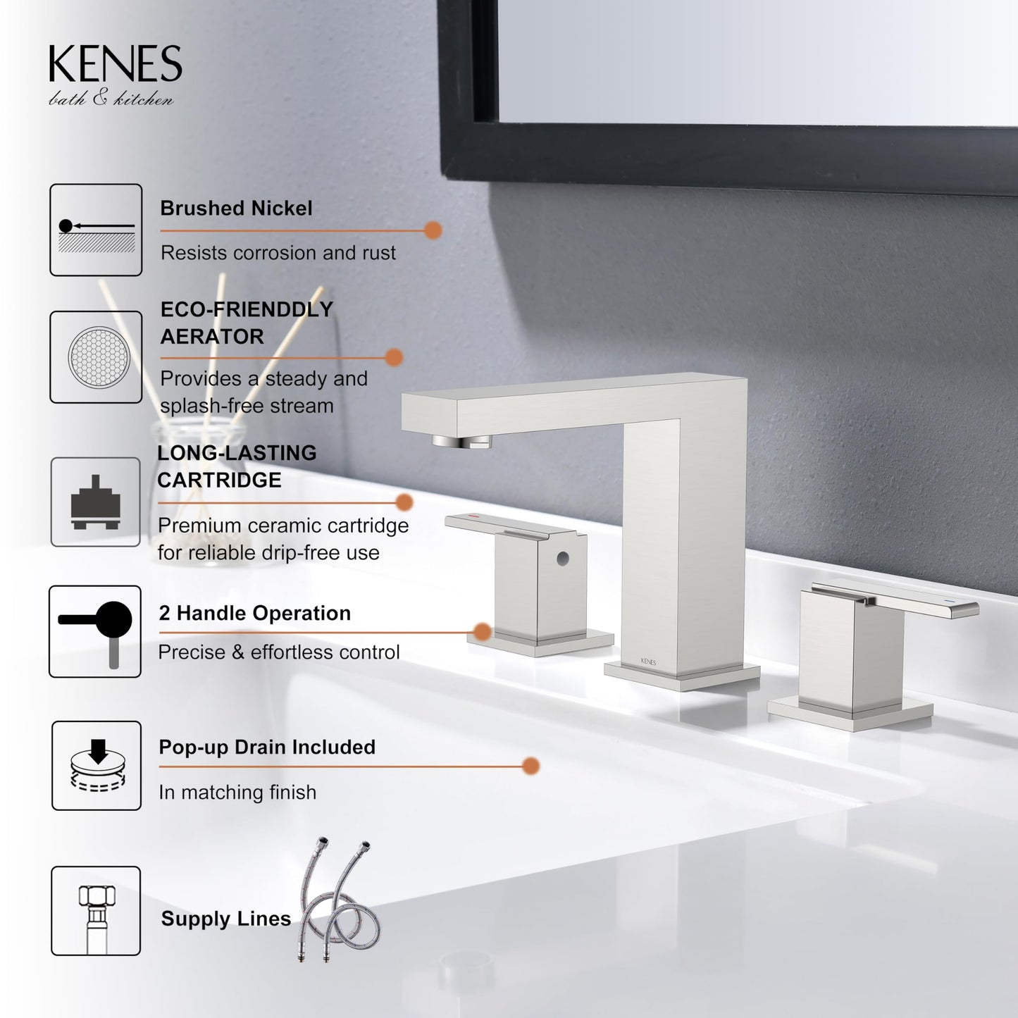 KENES Brushed Nickel Widespread Bathroom Faucet 2 Handle Bathroom Sink Faucet 3 Hole, 8-Inch 3 Pieces Bathroom Vanity Faucet with Pop Up Drain & Supply Lines, KE-9050-P