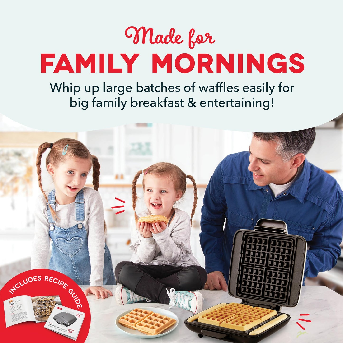 DASH No-Drip Waffle Maker - Four Waffle Molds, Nonstick Waffle Iron with Quick Heat-Up, Nonstick Surface - Perfect Waffle Maker for Kids and Families, Just Add Batter