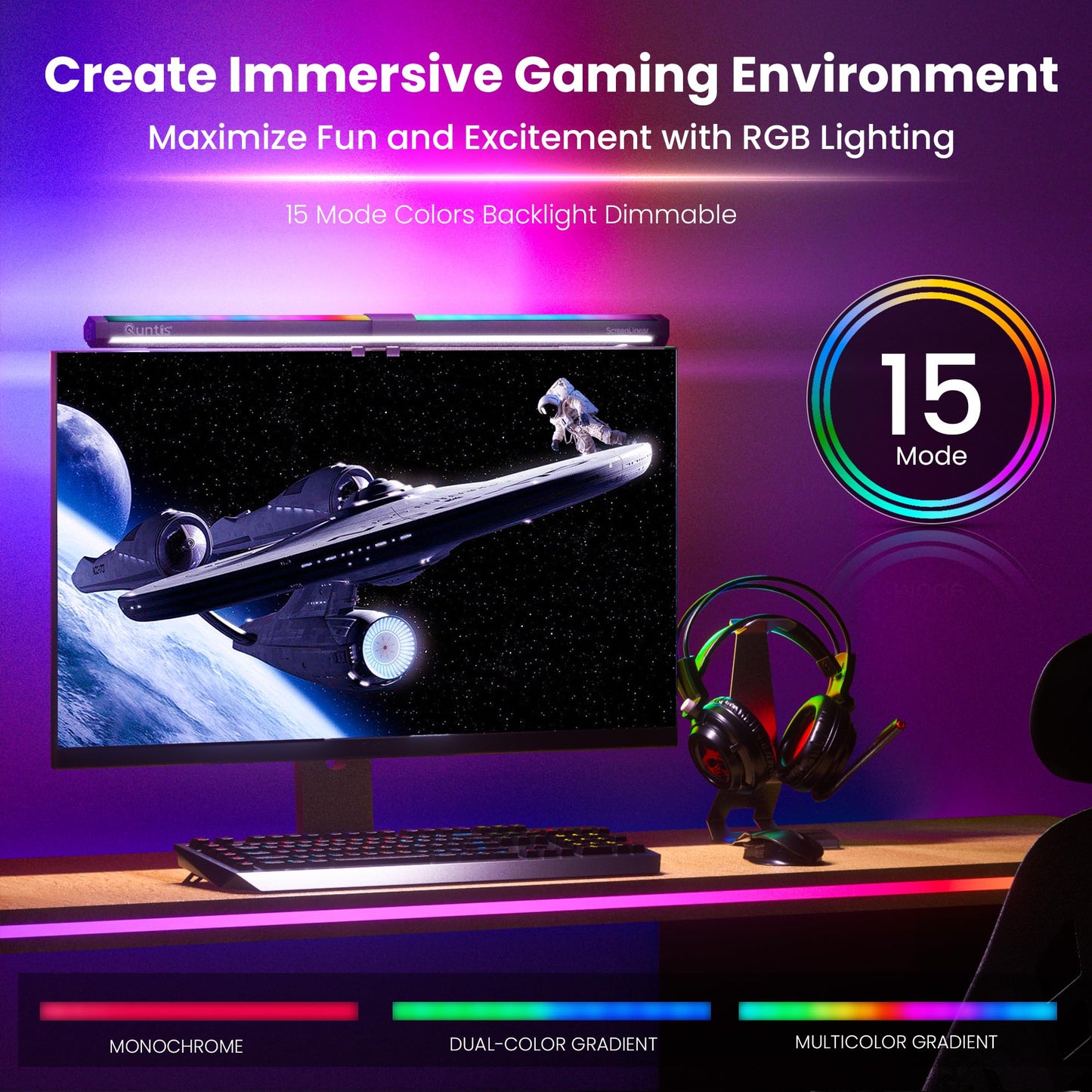 Quntis Monitor Light RGB PRO Backlight, Eye-Care Dual Light Computer Light Bar Gaming Office Desk Lamp, 15 Modes Dimmable Backlight, 3 Color Temperature Adjustable Brightness, Ra95 Screen Light Bar