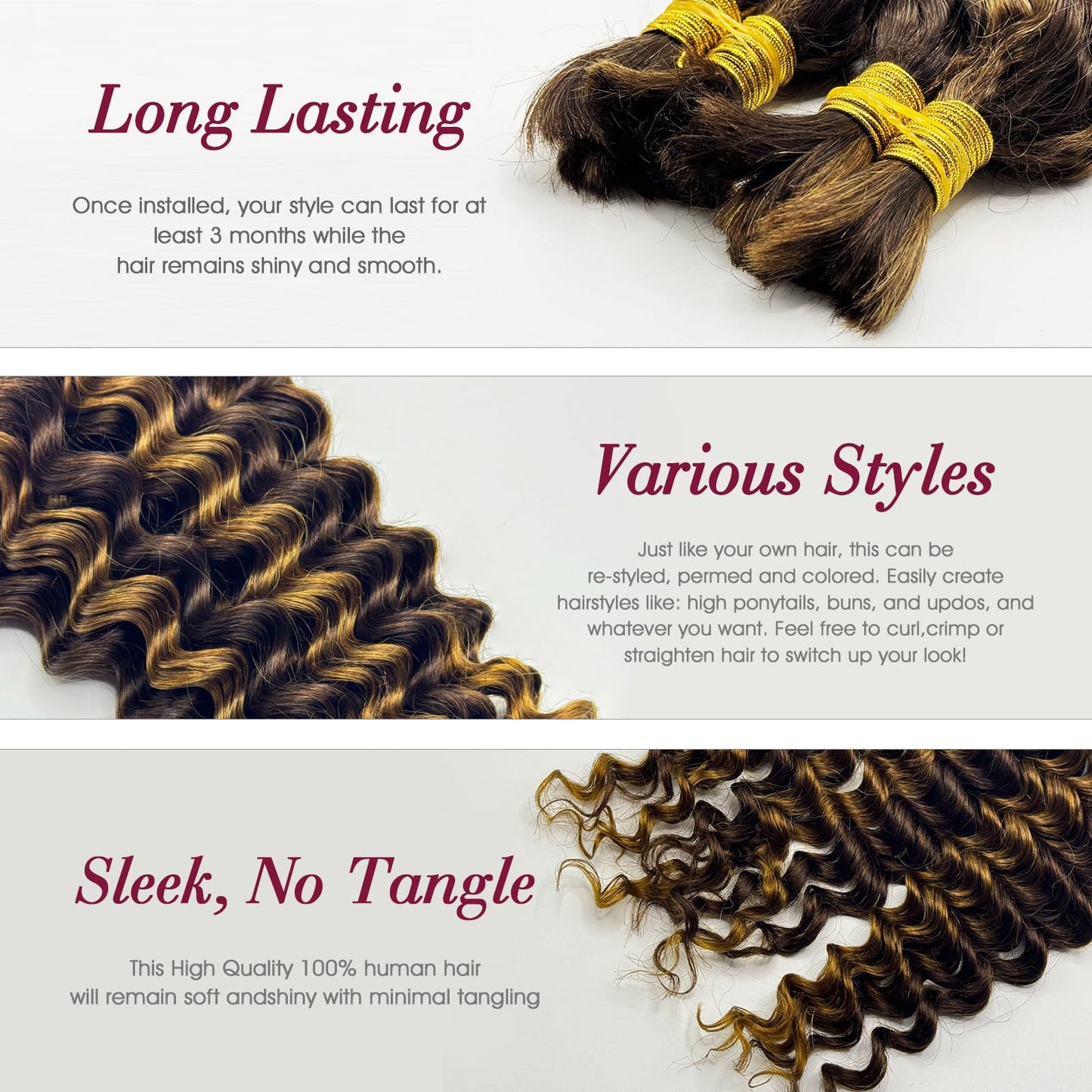 Human Braiding Hair Deep Wave Bulk Human Hair for Braiding No Weft (1 Pack-2 Bundles-100g) Human Braiding Hair for Boho Braids (4/30#, 20INCH)