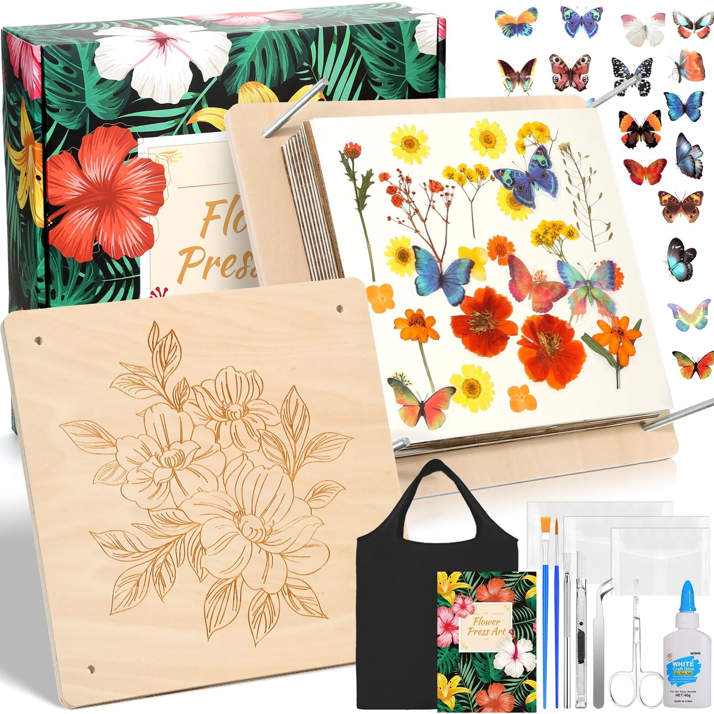 11x11" Large Flowers Press Kit, 10-Layer Wooden Pressing Kit for Adults DIY Flower Preservation & Dried Flowers Art Bookmark Frame Wedding Flower Drying, Gift for Craft Lovers with Storage Bag