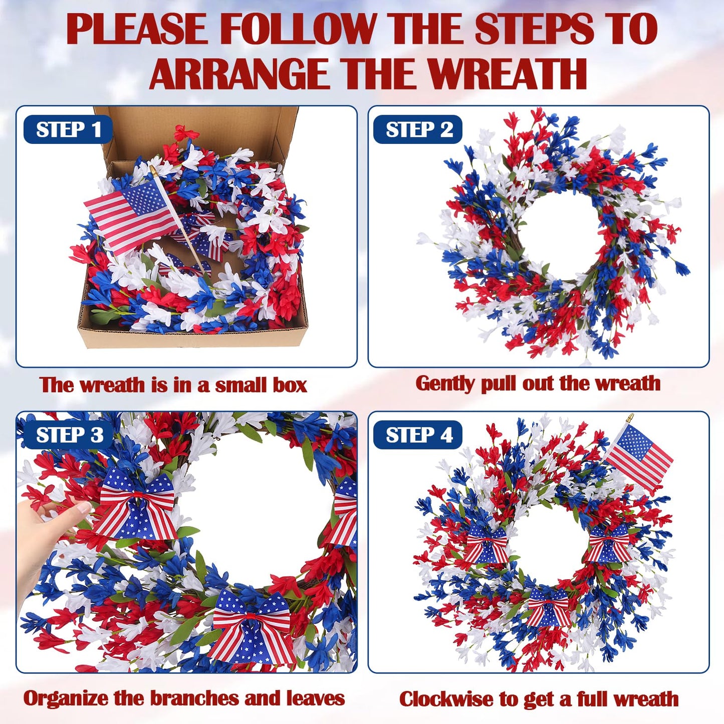 GTIDEA 24'' Patriotic Wreaths for Front Door, American 4th of July Wreath on Grapevine with Red White and Blue Forsythia Flag Bowknot Summer Wreaths for Home Wall Memorial Day Independence Day Decor