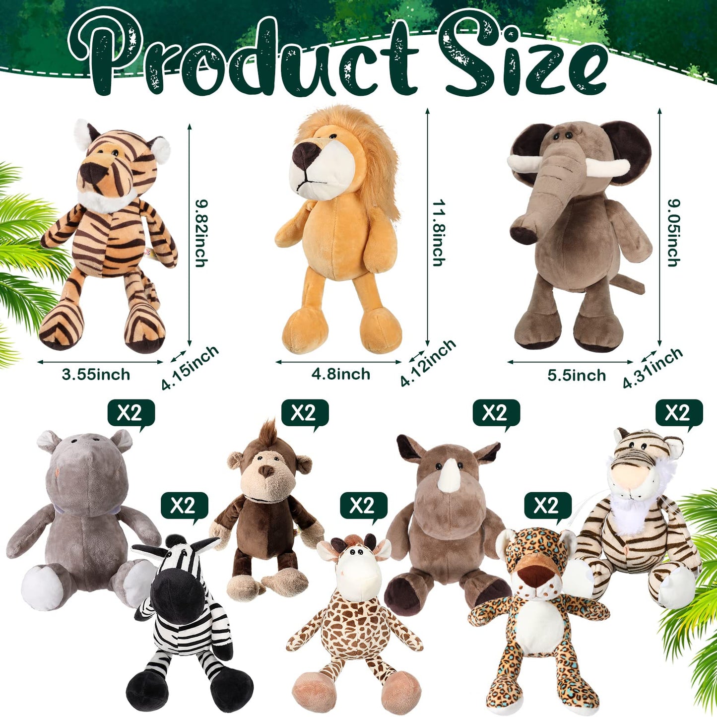 HyDren 20 Pcs Safari Stuffed Animals 11.8'' Plush Jungle Wild Animals Cute Elephant Giraffe Lion Tiger Monkey Stuff Animals Soft Plush Animals in Bulk Stuffed Animals Toy for Toddler Baby Jungle Party