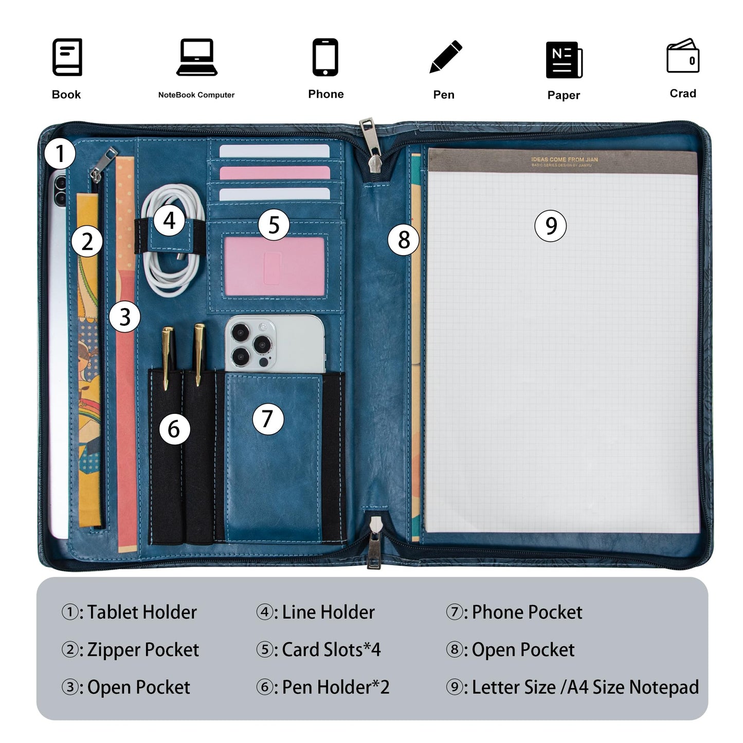SUCCEWISHER Embossed Vegan Leather Portfolio for Women,Professional Organize Padfolio with A4 Notepad Holder,Professional Business Document Organizer for Women (Blue)