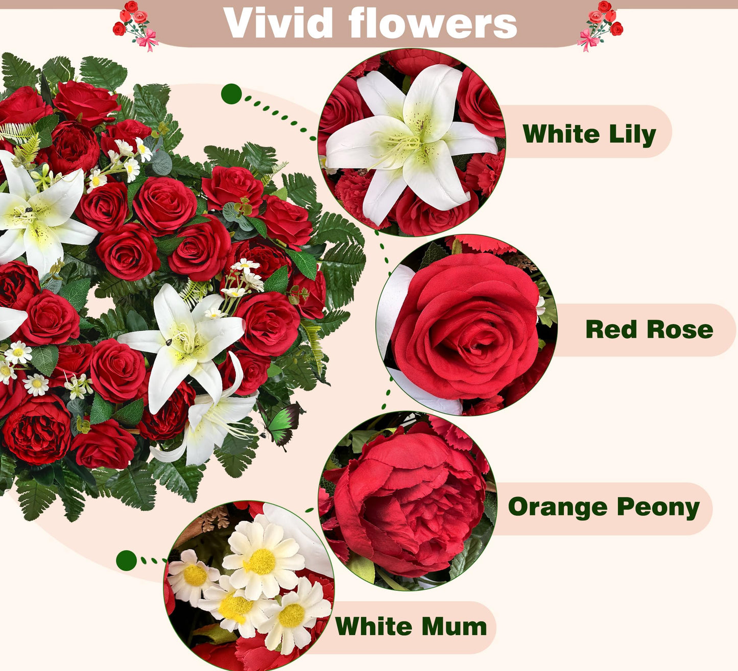 SUHOOKOO Cemetery Flower - Ebullient Remembrance Standing Heart, Grave Wreath with Easel Stand,Memorial Floral-Red Rose Hibiscus/White Lily-27 Inch