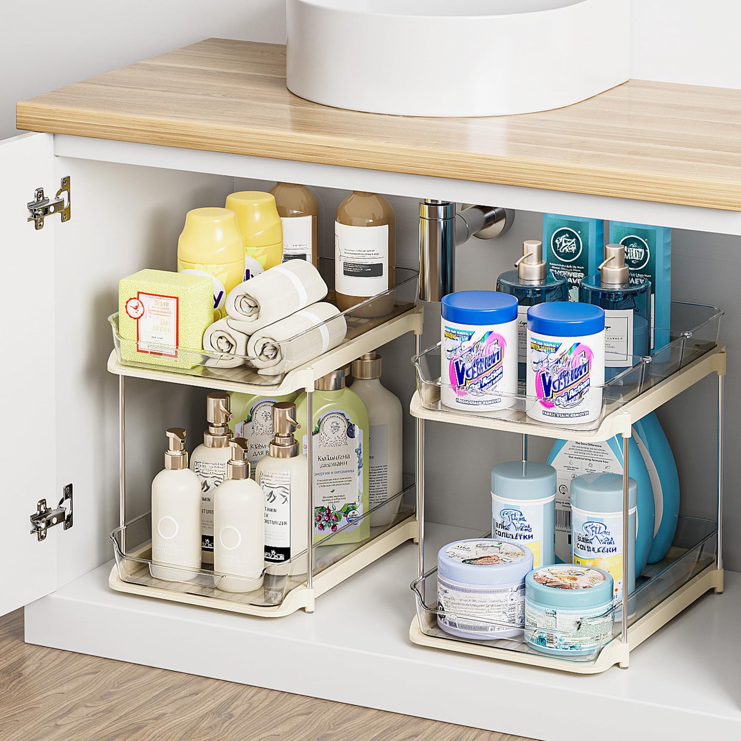 Delamu 2-Tier Multi-Purpose Bathroom Under Sink Organizers and Storage, Stackable Kitchen Pantry Organization, Pull Out Medicine Cabinet Organizer with Movable Dividers, Beige, 4 Pack