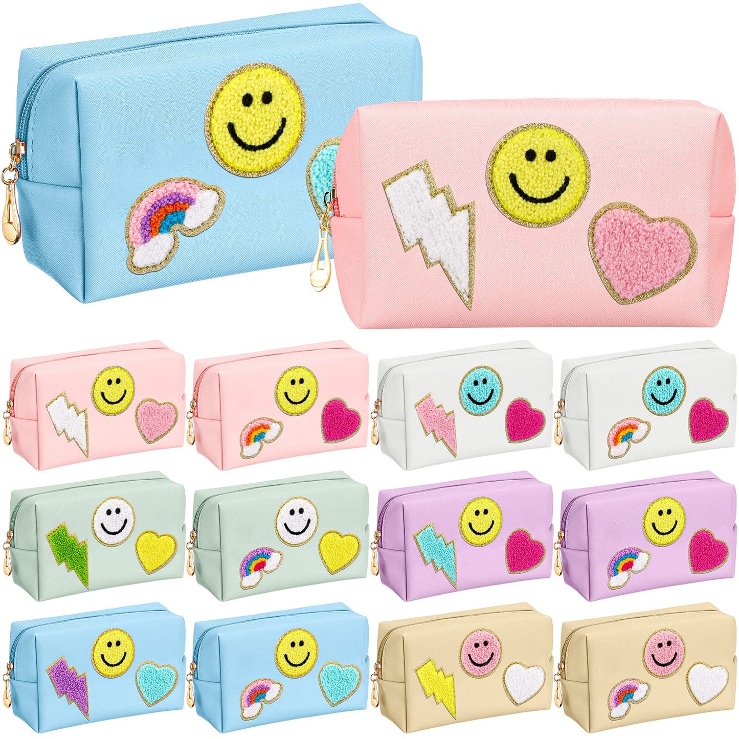 Sanwuta 12 Pcs Preppy Patch Makeup Bag Chenille Letters Cosmetic Bag Pu Leather Preppy Organizer Small Smile Lightning Heart Toiletry Pouch Portable Waterproof Storage Purse Pouch for Women Adults
