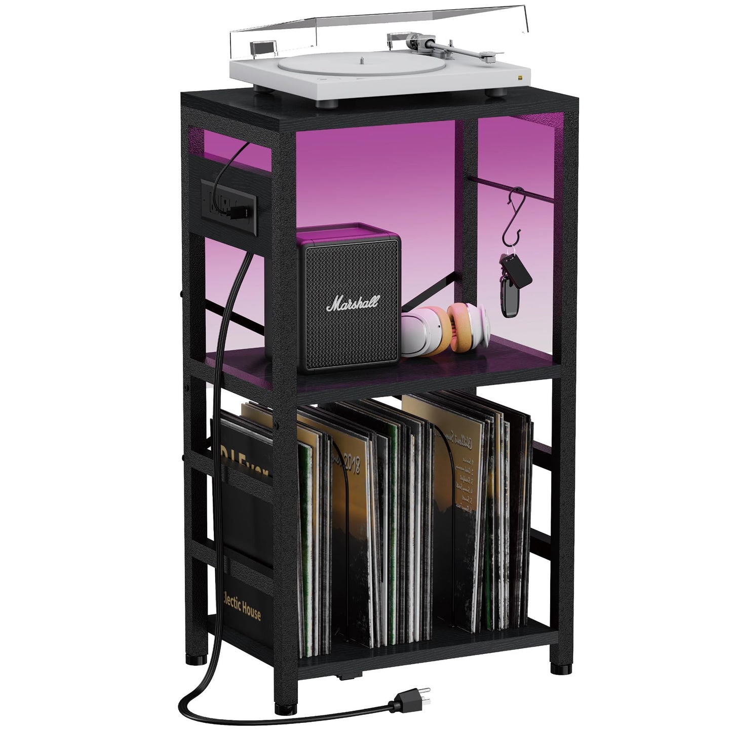 YAKANJ End Table with LED Light,Record Player Stand with Charging Station,Vinyl Records Storage,Turntable Stand Albums Storage for Music Room Studio-Industry Black