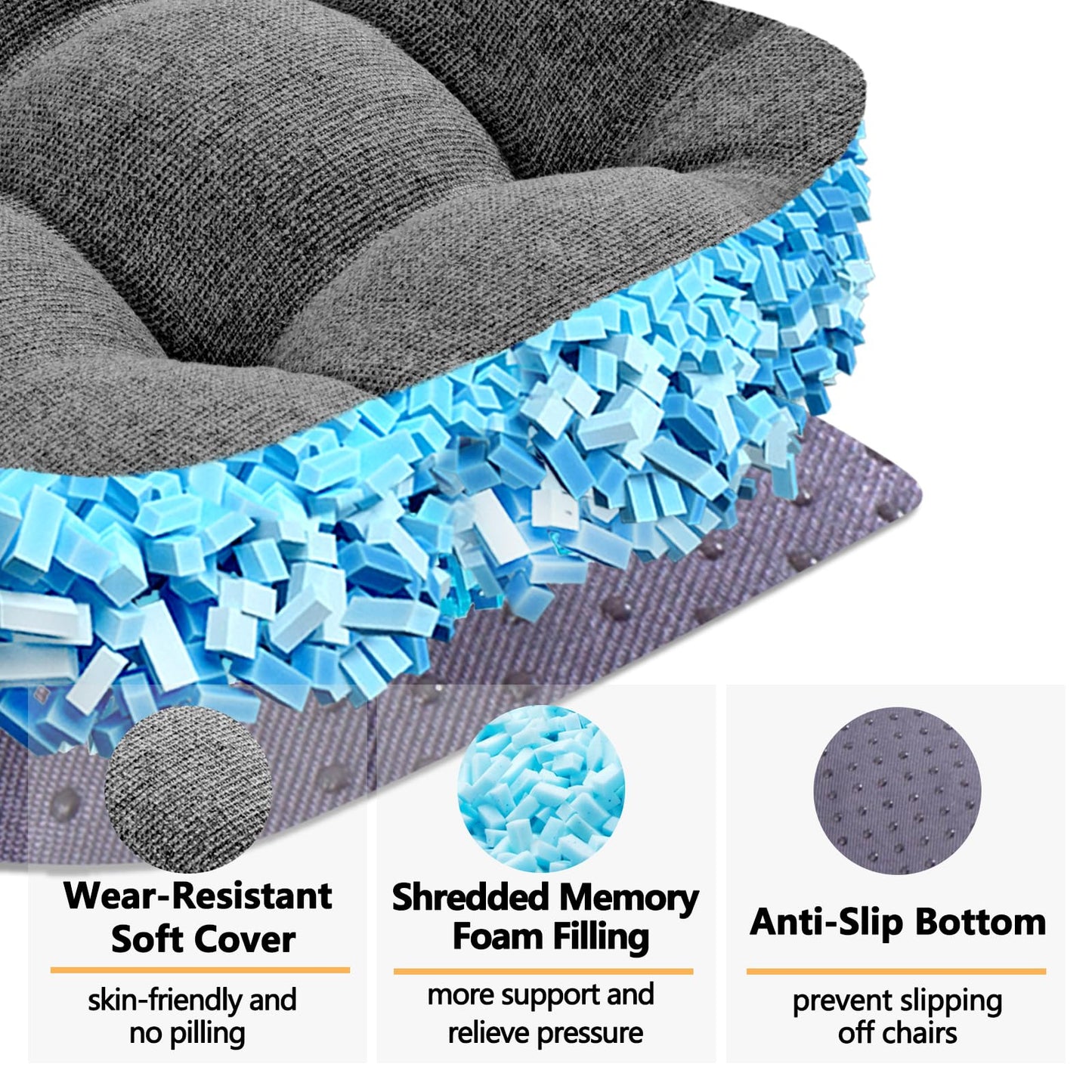 MAGIC ELEPHANT Chair Cushions for Dining Chair, Shredded Memory Foam Kitchen Chair Cushions Set of 4, Non-Slip Thick Dinning Room Chair Pads Seat Cushions, 15.5" x 15.5" x 4" (Grey)