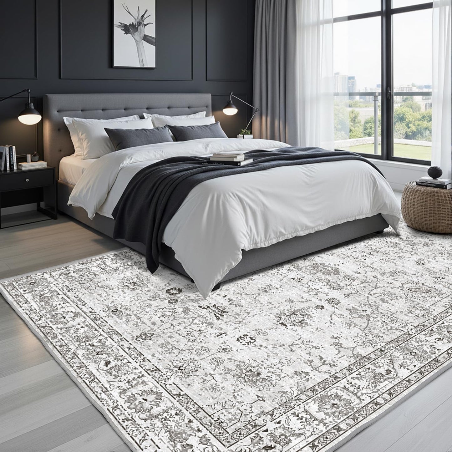 Washable Area Rug 8x10 Gray, Large Soft Rugs for Living Room Floral Grey White Carpet 8x10 Area Rugs for Bedroom Dining Room Non-Slip Stain Resistant Under Table Rug (8 x 10, Grey White)