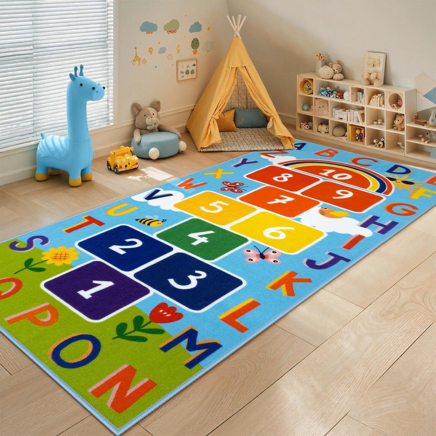 STARUIA Washable Hopscotch Kids Rug for Playroom, Colorful Educational Classroom Rugs with ABC Number, Non Slip Kids Play Mat Rug Game Carpet for Bedroom Nursery Daycare Boy Girl （Blue, 31.5''x72''）