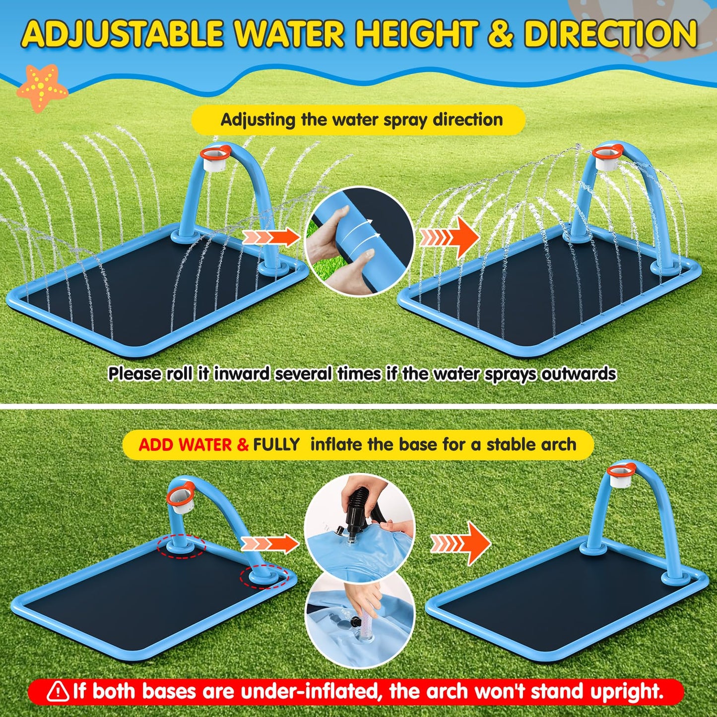 Instraella Splash Pad for Kids, 110 x 91'' Large 2-in-1 Sprinkler Mat with Basketball Hoop, Inflatable Splash Pad for Backyard Outdoor Water Play, Summer Water Toys for Boys and Girls