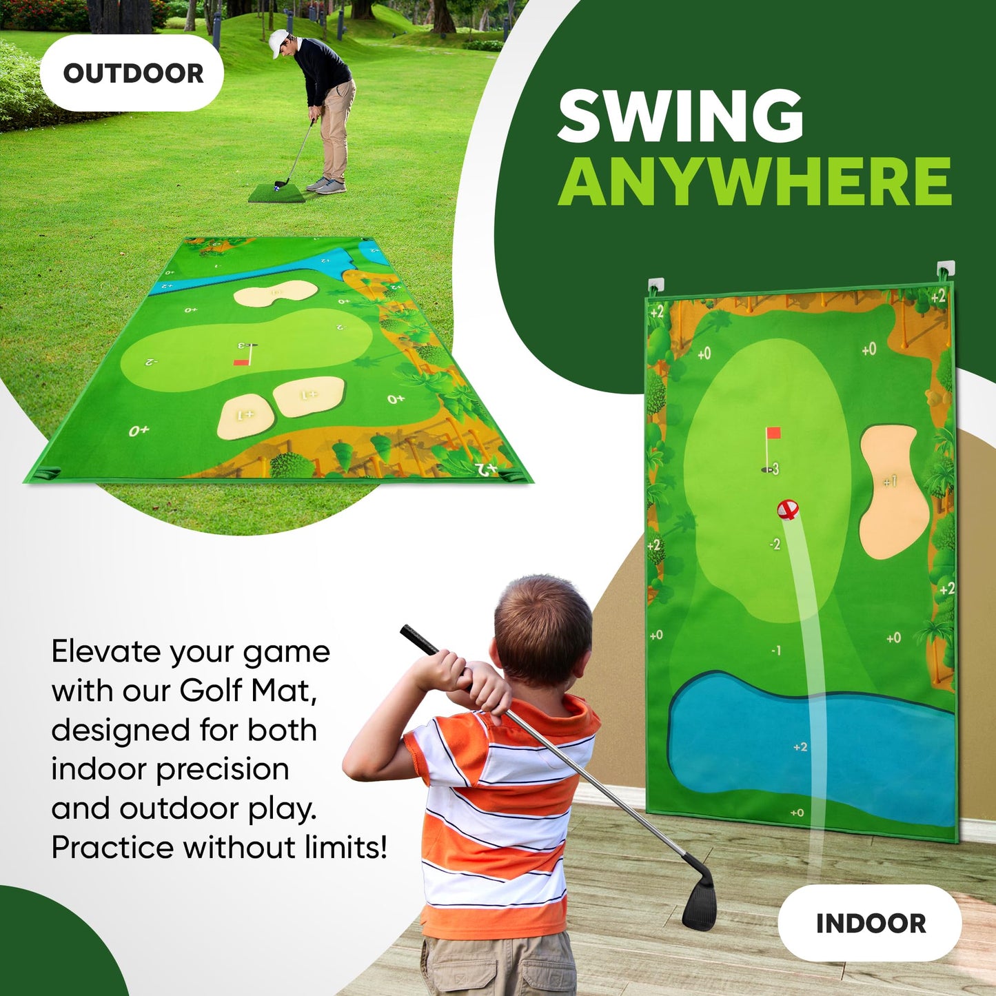 Battle Golf Game - Dual-Sided Golf Mat, Realistic Golf Course Design & Scoring System, Adjustable Height Clubs - Thick Grass-Like Golf Mat for Indoor/Outdoor Family Golf Activity (2 Clubs, 36 Balls)